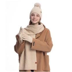 XIFUHUI Wintermütze Schal Handschuhe Set Damen Winter Warmes Set Langer Schal Beanie Mütze Strickmütze Winterschal Winterhandschuhe Damen 3-in-1 Set (Beige) von XIFUHUI