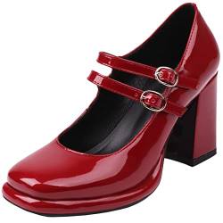 XINXINIO Damen Klassische Mary Jane Pumps mit Doppelten Riemen und kleinem Absatz (Rot,39) von XINXINIO