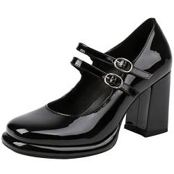 XINXINIO Damen Klassische Mary Jane Pumps mit Doppelten Riemen und kleinem Absatz (Schwarz,38) von XINXINIO