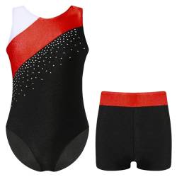 XIUsheUA Turnanzug Mädchen Kurzarm Mädchen Gymnastikanzug Ärmellos Skating Trikots mit Shorts Tanzkleidung Set Teenager Übung Ballett Tutu Bodysuit Gymnastikanzug(Red,8) von XIUsheUA