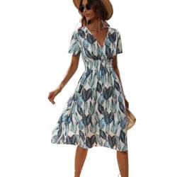 XIVISTO Damen Sommerkleid V-Ausschnitt Freizeitkleid Elegant Blumenmuster Kurzarm Strandkleid Hohe Taille Retro Wickelkleid Boho Swing Urlaub Midikleid von XIVISTO