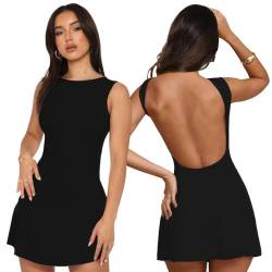 XIWCAFC Damen Sexy Kurzes Kleid Elegantes Spaghettiträger Ärmelloses Rückenfrei Figurbetontes Minikleid Bodycon Kleid Party Club Kleid (DE/NL/SE/PL, Alphanumerisch, M, Regular, Regular, Schwarz) von XIWCAFC