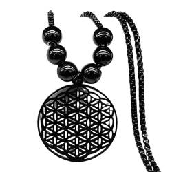 XLTEAM Lässige Halskette Anhänger Blume des Lebens Mandala Metatron Halsketten Heilige Geometrie Lange schwarze Perlenkette Schmuck Flor de la vida Party Schmuck Geburtstagsgeschenk von XLTEAM