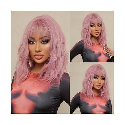 Perücke Natürliche Haar Schulterlange gewellte Perücke mit Pony, synthetische rosa Bob-Cosplay-Perücken for schwarze Frauen, amerikanisches, natürliches, hitzebeständiges Haar Haarperücken für täglic von XOVP-023