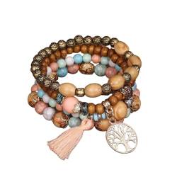 XQMMGO Boho Armbänder Holzperlen Quaste Armband, Chakra Armband für Frauen, Kristall Kristall Perle für Frauen Baum des Lebens Charm Statement Armreifen (Rosa Farbe) von XQMMGO