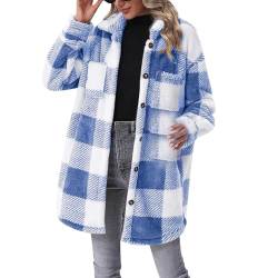 Karierte Jacke Damen Für Winter - Teddyfleece Mantel Damen Kariert - Fleecejacke Warm Ohne Kapuze Fleecemantel Lang Große Größen Wollmantel Winter Elegant Wintermantel Wolle Warm/Thermomantel von XUEJIANN