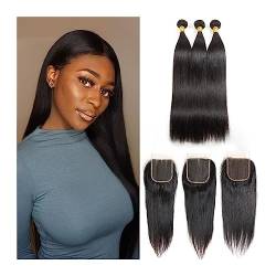 Echthaarbündel Gerade Bundles mit Verschluss der Güteklasse 10A, Remy, 25,4–86,4 cm, Echthaar, 3 Bundles mit Verschluss, brasilianische Haarbündel mit Verschluss, natürliches Schwarz Haarverlängerung( von XUJUAN-0227