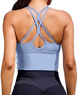 XUNYU Damen Sport-BHs Longline Fitness Crop Tops Tank Gym Camisole Strappy Criss Cross Yoga Workout Running Shirts, Himmelblauer Sport-BH, Large von XUNYU