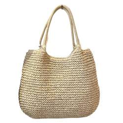 XWZSHMH Damen-Handtasche, gehäkelt, große Kapazität, Retro-Stroh-Handtasche, einfarbig, einfaches Weben, für den Sommer, beige, Medium von XWZSHMH