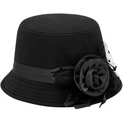 XYIYI Schwarz Damen Filz Fedora Hut Cloche Hut Bowler Hüte Bucket Hat Eimerhut von XYIYI