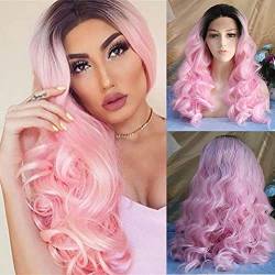 Lange Körper Welle Perücken Ombre Rosa Spitze Front Perücken Für Frauen Dunkle Wurzeln Natürliche Planung Hochtemperatur-Faser Cosplay Bunte Kostüm von XZGDEN