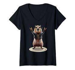 Damen Rockmusik Hardrock Metal Capybara Rock n' Roll Pommesgabel T-Shirt mit V-Ausschnitt von XactOutfitEU