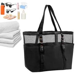 Xasbseulk Netz-Strandtasche, Damen-Schultertasche, faltbar, Netzstoff, für Schwimmbad, Reisetasche, Strandtasche für Muscheln, große Strandtasche, Strandtasche für Herren, Schwarz , Refer to von Xasbseulk