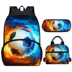 Xhuibop Galaxy-Kinder-Rucksack mit Lunchbox für Jungen 12–15 Jahre, Feuer-Fußball-Schultasche mit Lunchbox, Federmäppchen, 3-teiliges Buchtasche für Mädchen, 6. Klasse, 43,2 cm, Büchertasche mit von Xhuibop