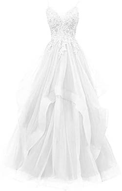 Xinaier Damen Spaghetti-Träger Lang Tüll Formellen Abendkleid Ballkleid Brautkleider Weiß Größe 38 von Xinaier