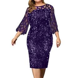 Xmiral Damen Mesh 3/4 Ärmel Cocktailkleid Oversize Lose Partykleid Glitzer Spitzenkleid Lässiges Abendkleid Freizeitkleid Businesskleid (5XL,a-Lila) von Xmiral