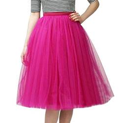 Xmiral Damen Tüll Tutu Rock Plissee Gaze Reine Farbe Knielanges Elastisch Taille Tanzenrock(Rosa Rot,One Size) von Xmiral