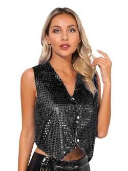 Xnihocha Damen Glitzer Pailletten Weste Ärmellos Mantel Disco Karneval Kostüm Rave Outfit Paillettenweste Glänzend Gilet für Party Tanz Schwarz Einheitsgröße von Xnihocha