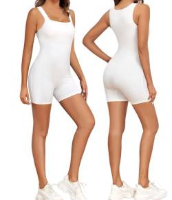 Xnova Jumpsuit Damen Ärmellose Stretch, Kurz Romper Eng Quadratischer Ausschnitt Bodycon, Yoga Workout Bodysuit Shorts (Weiß, M) von Xnova