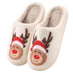 Xnova Weihnachts Hausschuhe Winter Plüsch Damen Herren Warme Weihnachtspantoffeln Cartoon Tiere Hauspantoffeln Kuschelige Pantoletten Rutschfeste Indoor Slippers Lustig (Smile Elch, S: 36/37) von Xnova