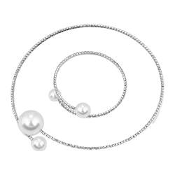 XuQiZZpp 2-teiliges einfaches, exquisites Halsketten- und Armband-Set mit zwei simulierten Perlen, offen, für alle Anlässe geeignet, 15*15*1cm, Metall von XuQiZZpp