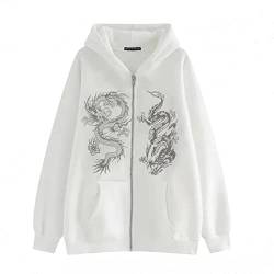 XuanXmy Frauen Chinesischer Stil Dragon Print Reißverschluss Sweatshirt Street Trend Hip Hop Sport Hoodie Herbst Und Winter Fleece Thermojacke Weiß M von XuanXmy