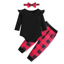 Xumplo Baby Mädchen Kleidung Set Neugeborenes Weihnachten Outfits Kleinkind gerippt Ruffle Romper + Plaid Pants + Stirnband Kleidung 0-3 Monate von Xumplo