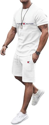 YAAYAGO T-Shirts Herren Solid Color Men T-Shirt Anzug Hemd Bequem Shorts Top Männer Fitness T-Shirt Shorts Über Größe-M-Weiß von YAAYAGO