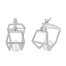 Perlenohrringe Creolen für Damen 925 Sterling Silber Sechseckige Ohrringe Minimalistische Ohrringe Schmuck Geschenk (Perlen) von YAFEINI