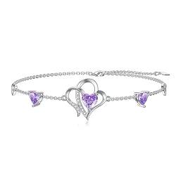 YAFEINI Amethyst Armband Sterling Silber Lila Armbänder Herz Geburtsstein Armbänder Amethyst Schmuck Geschenke für Damen Mädchen (Lila Armband) von YAFEINI