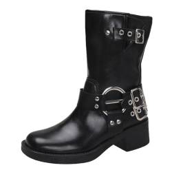 YANFJHV Damen und Winter Dicke Sohle Britische Cowboy Stiefel Gürtelschnalle Mid Calf Stiefel Schuhe Damen Sommerschuhe Slipper (Black, 39) von YANFJHV