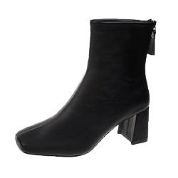 YANFJHV Frauen Stiefeletten Und Winter Einfache Feste Farbe Mode Bequeme Karree Platz Ferse Zurück Zipper Schuhe Mädchen 33 (Black, 38) von YANFJHV