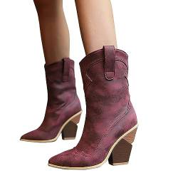 YANFJHV Stiefel Außenhandel Große Westernstiefel Weibliche Grenze Europäische Und Amerikanische Mittelrohrstiefel Dicker Absatz Lederstiefel Weiblich Damen Plateau Stiefeletten Schwarz (Wine, 42) von YANFJHV