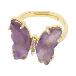 YANQSHM Ring mit Stein,Kristallring für Frauen, Amethyst, Schmetterlingsform, Öffnungsring, Natürlicher Edelstein, Verstellbare Ringe, Goldfarben, Verlobungsringe für Frauen, Schmuckgeschenke von YANQSHM