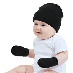 YANWANG Baby Beanie Mütze Fäustlinge Set Kinder Winter Warm Strickmützen mit Handschuhen für Kleinkinder Jungen Mädchen(S,Black) von YANWANG