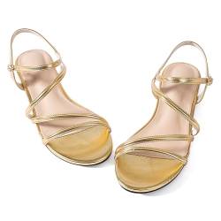 YANWENFANG Flache Damen-Sandalen mit Riemen, Leder, elegante Sommer-Slides, Gold, 37.5 EU von YANWENFANG