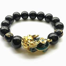 Feng Shui Reichtum-Armband, Jade-Perlenarmband, natürliches schwarzes Obsidian-Armband, Farbwechsel, Drachenschildkröten-Armband, 12/14 mm Armband, Reiki-Kristall, Reichtum anziehen, Unisex von YANYUESHOP