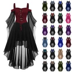 Gothic Kleider Damen Sale, Vintage Hexenkleid Mittelalterliches Kleid Weibliches Halloween Vampir Schulterfreies Trompetenärmel Kostüm Frauen Sexy Spitze Langes Kleid Halloween Cosplay Kostüm von YAOJIWANG