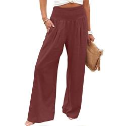 Leinenhose Damen Weites Bein Sommer Loose Lange Freizeithose Leinen Baumwolle High Waist Elastische Taille Leichte Bequem Palazzohose Sommerhose mit Taschen Boho Strandhose Jogginghose von YAOJIWANG