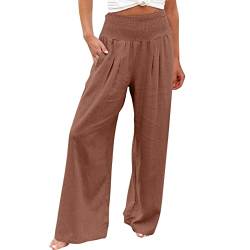 Leinenhose Damen Weites Bein Sommer Loose Lange Freizeithose Leinen Baumwolle High Waist Elastische Taille Leichte Bequem Palazzohose Sommerhose mit Taschen Boho Strandhose Jogginghose von YAOJIWANG