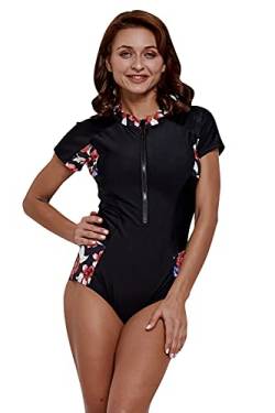 YAOMEI Damen Sport Surfen Badeanzug Bauchweg Badebekleidung Einteiler Badekleid Eingebauter Cup Spa Strandkleid Baden Swimwear Bademode mit Reißverschluss (L, Blauer See) von YAOMEI