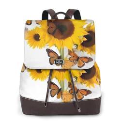 Damen-Rucksack mit Schmetterlings- und Sonnenblumen-Aufdruck, PU-Leder, wasserdicht, Reiserucksack mit Klappe, Schwarz , Einheitsgröße von YBAZYBXY