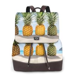 Strand-Rucksack mit Ananas-Druck, modischer Damenrucksack, PU-Leder, Handtasche, wasserdichter Rucksack, Reiserucksack mit Klappe, Schwarz , Einheitsgröße von YBAZYBXY