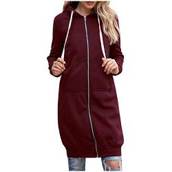 YEBIRAL Hoodie Damen Herbst Winter Lange Kapuzenpullover Sweatjacke Langarm Pullover Lässig Mantel Jacke Sweatshirt Oversize Coat Outwear Kapuzenjacke(5XL,I- Weinrot) von YBIRAL