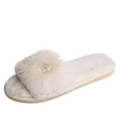 YCBMINGCAN Hausschuhe Damen Herren Weicher Plüsch Zehen Flauschige Baumwolle Flache Hausschuhe Pantoffeln im Winter für Drinnen und Draussen (White, 39) von YCBMINGCAN