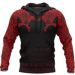 Viking Valknut Futhark Ravens 3D Gedrucktes Hoodie Sweatshirt, Unisex Langarm Tattoo Streetwear Casual Pullover Hoody Sweatshirt,Crow red,L von YCYR