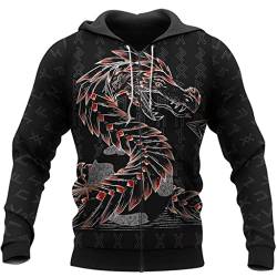 YCYR Nordische Mythologie Keltischer Drache Hoodie, Männer Viking 3D Print Totenkopf Rune Tattoo Harajuku Streetwear Pullover Sweatshirt, Mode Freizeitjacke,Zipper red,L von YCYR