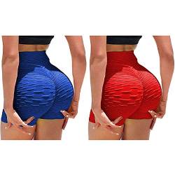 YEBIRAL Damen Yoga Shorts 2er Pack Kurze Sporthose Scrunch Butt Leggings Po Lifting Push Up Hotpants High Waist Honeycomb Anti Cellulite Laufshorts für Gym Training Fitness von YEBIRAL