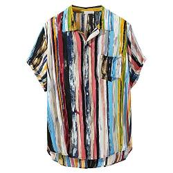 YEBIRAL Herren Leinenhemd Kurzarm Freizeithemd Bunt Streifen Sommer Mode Hemd Casual Regular Fit Oberteil Kurzarm-Shirt Strand Sommerhemd Große Größe(2XL,Mehrfarbig-A) von YEBIRAL