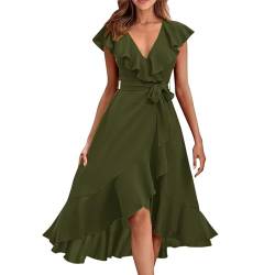 YEBIRAL Kleid Damen Elegant A Line Wickelkleid mit Gurtel Rüschenkleid Sexy V-Ausschnitt Partykleid Sommer Knielang Kleid A Linie Swing Maxikleider Einfarbig Leicht und Luftig Sommerkleid Kleider von YEBIRAL